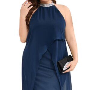 Plus Size Halter Neck Sleeveless Cocktail Dress Sequin Tulle Wedding Guest Party